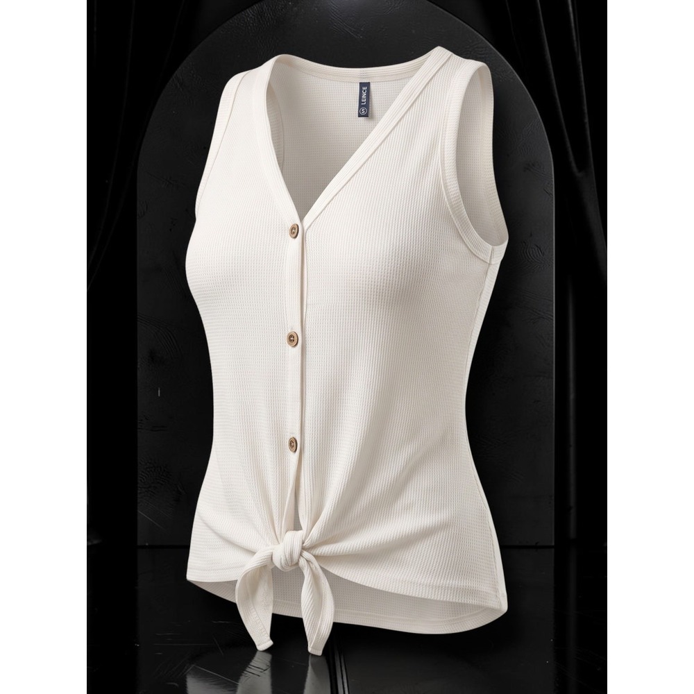 IWOLLENCE Waffle Knit Tie Front Button Down Sleeveless Tank Top White Small